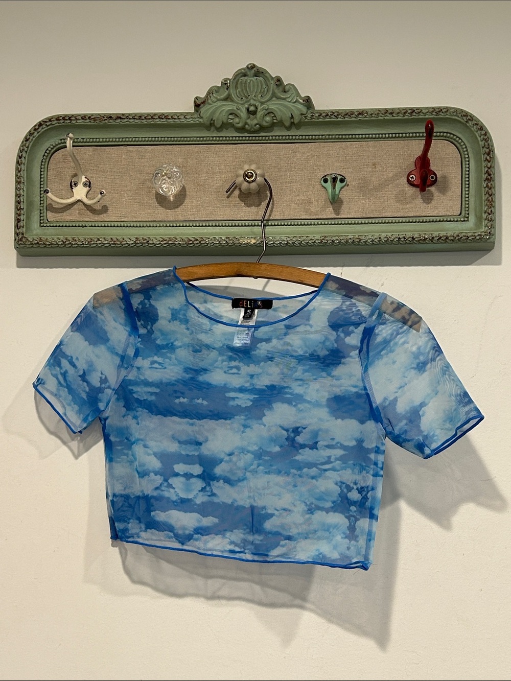 dELiA*s Blue Cloud Print Sheer Mesh Crop baby Tee size small layering shirt